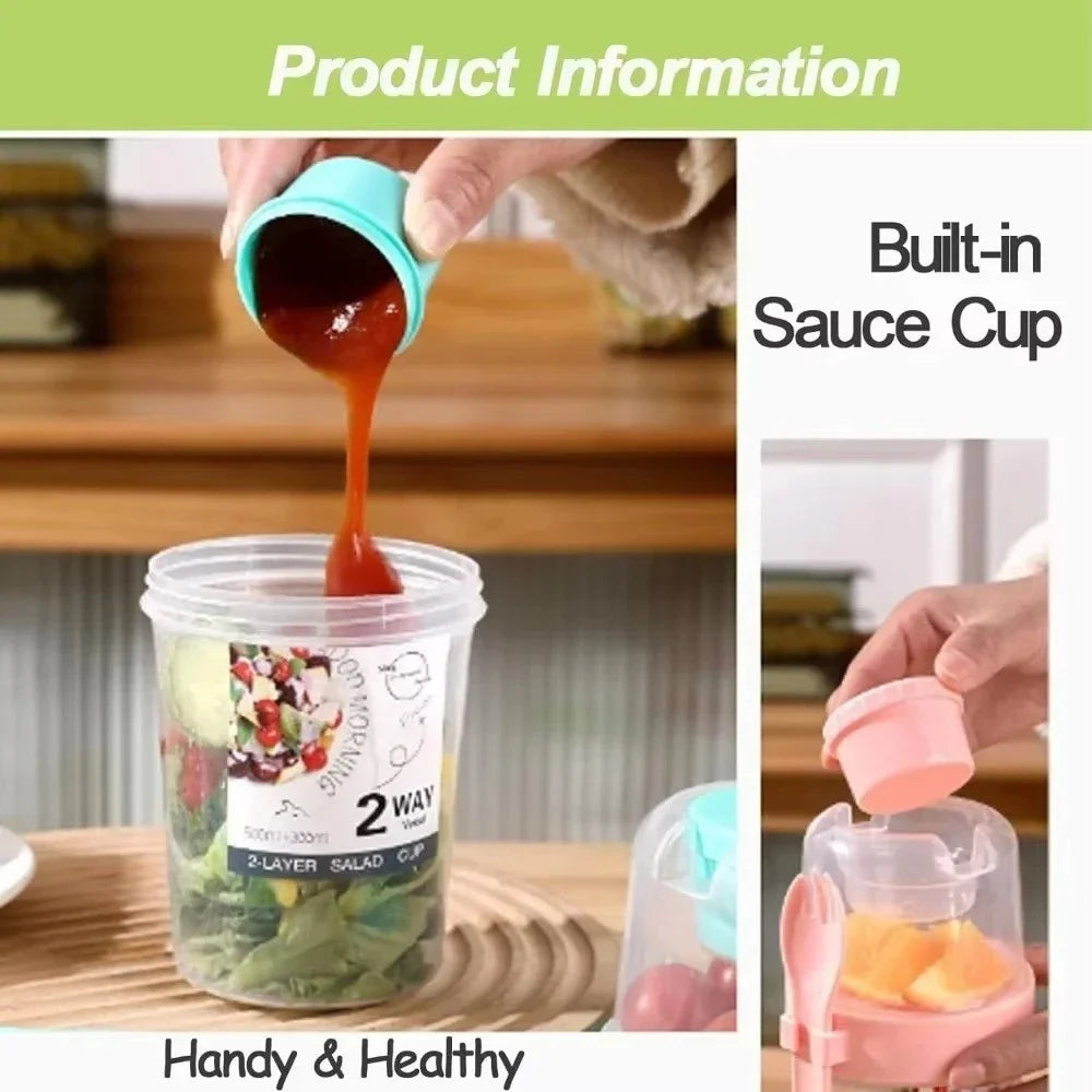Portable Salad Double Layer Cup Fruits Oatmeal Yogurt Breakfast Lunch Box Food Storage Cup Outgoing Overnight Cup with Lid Spoon Qme