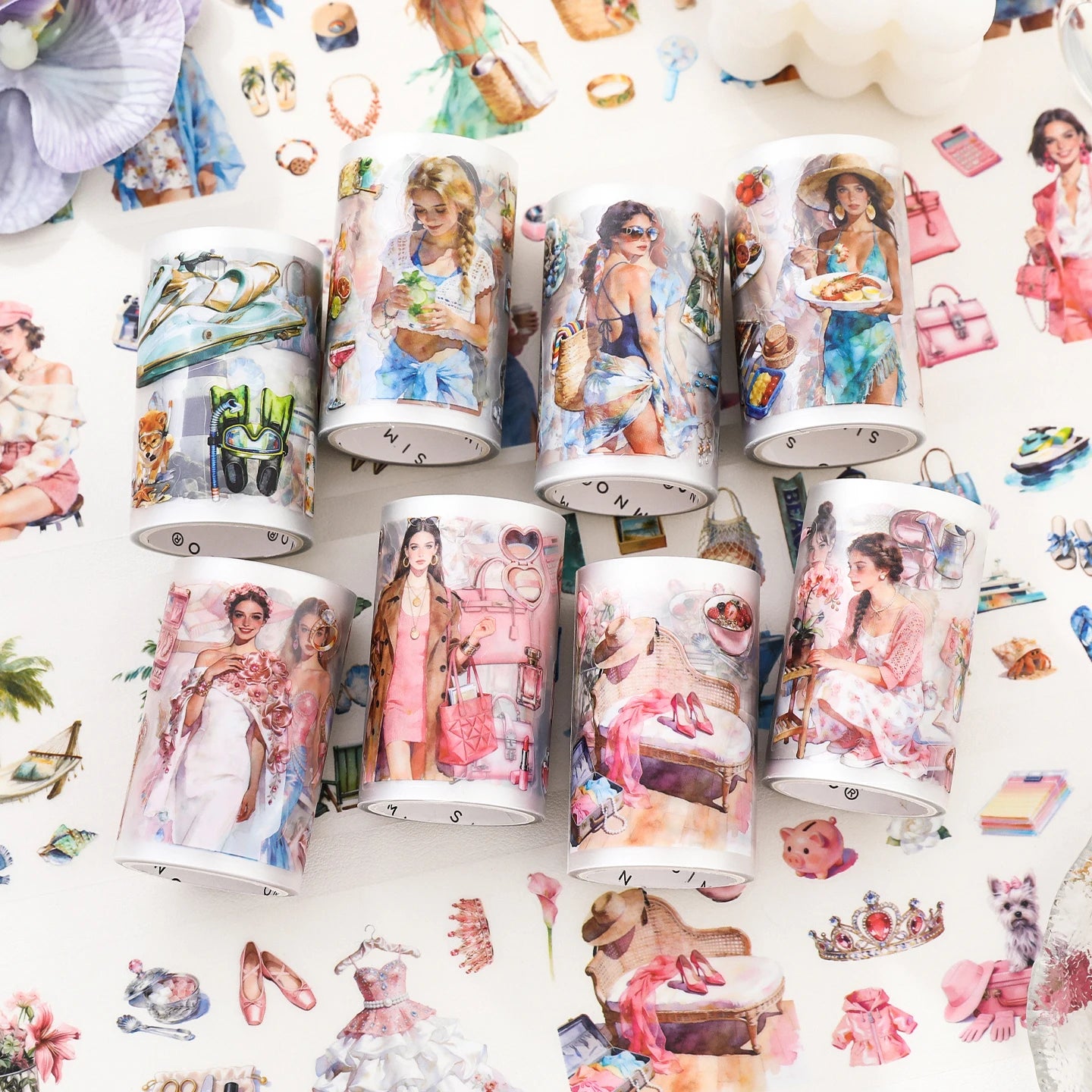 TIANZI 4Rolls/200cm PET Washi Tape Retro American Summer Theme Decorative Tape Set for Travel Lovers Diary Aesthetic Stationery Qme