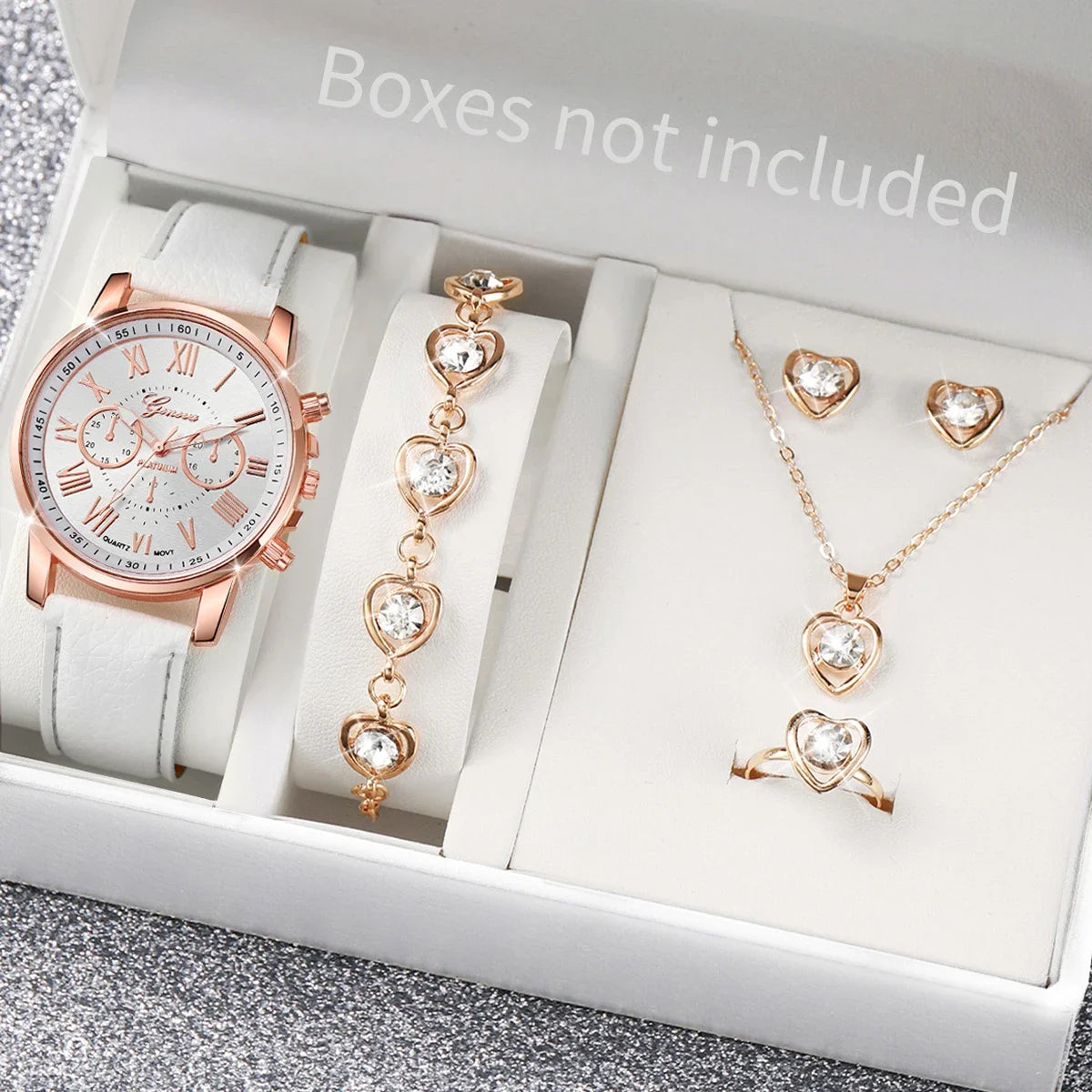 5Pcs Pink Heart Crystal Watch Jewelry Set Women Roman Dial Leather Chronograph Quartz Wristwatch Matching Heart Jewelry Gift Qme