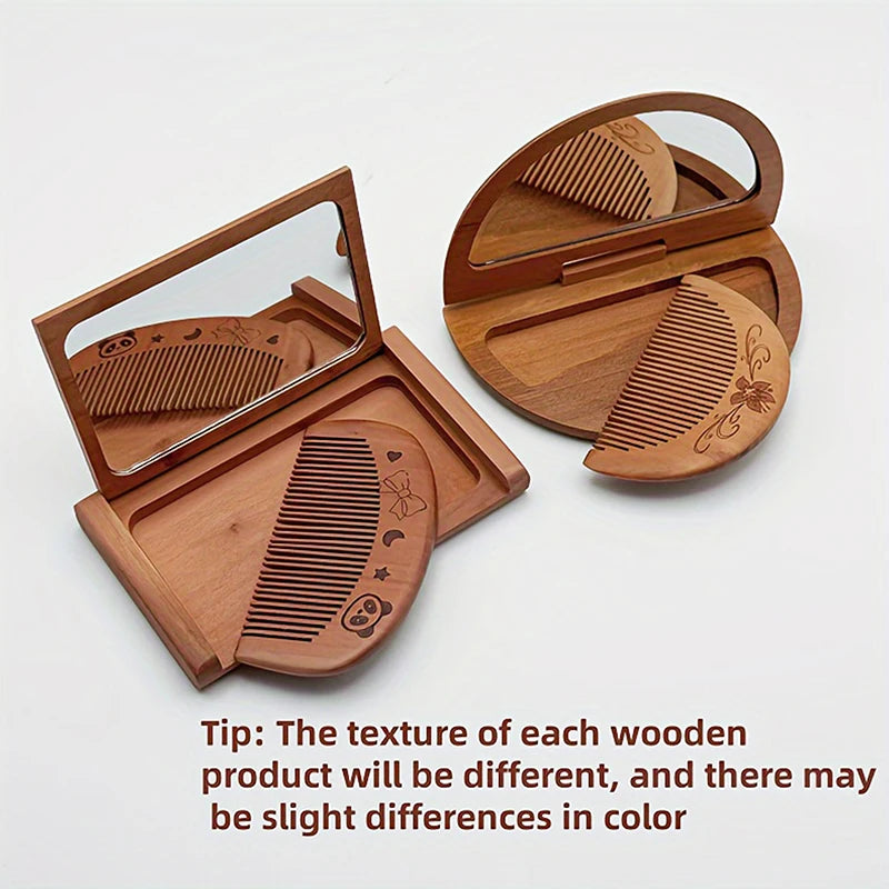 Girl Lady Durable 1 Wooden Comb Mirror Mini Vintage Makeup Peachwood Qme