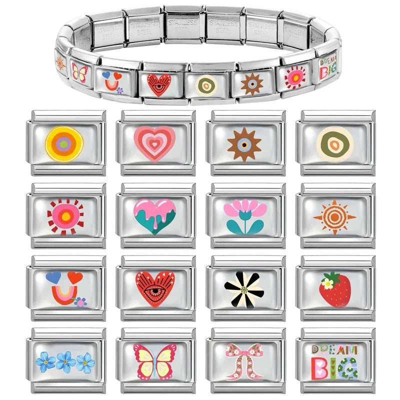 Women Men Fashion Color Series Pattern Heart Eye Sun Bead Charm Fit 9mm Italian Charm Bracelet Stainless Steel DIY Making Jewelr Qme