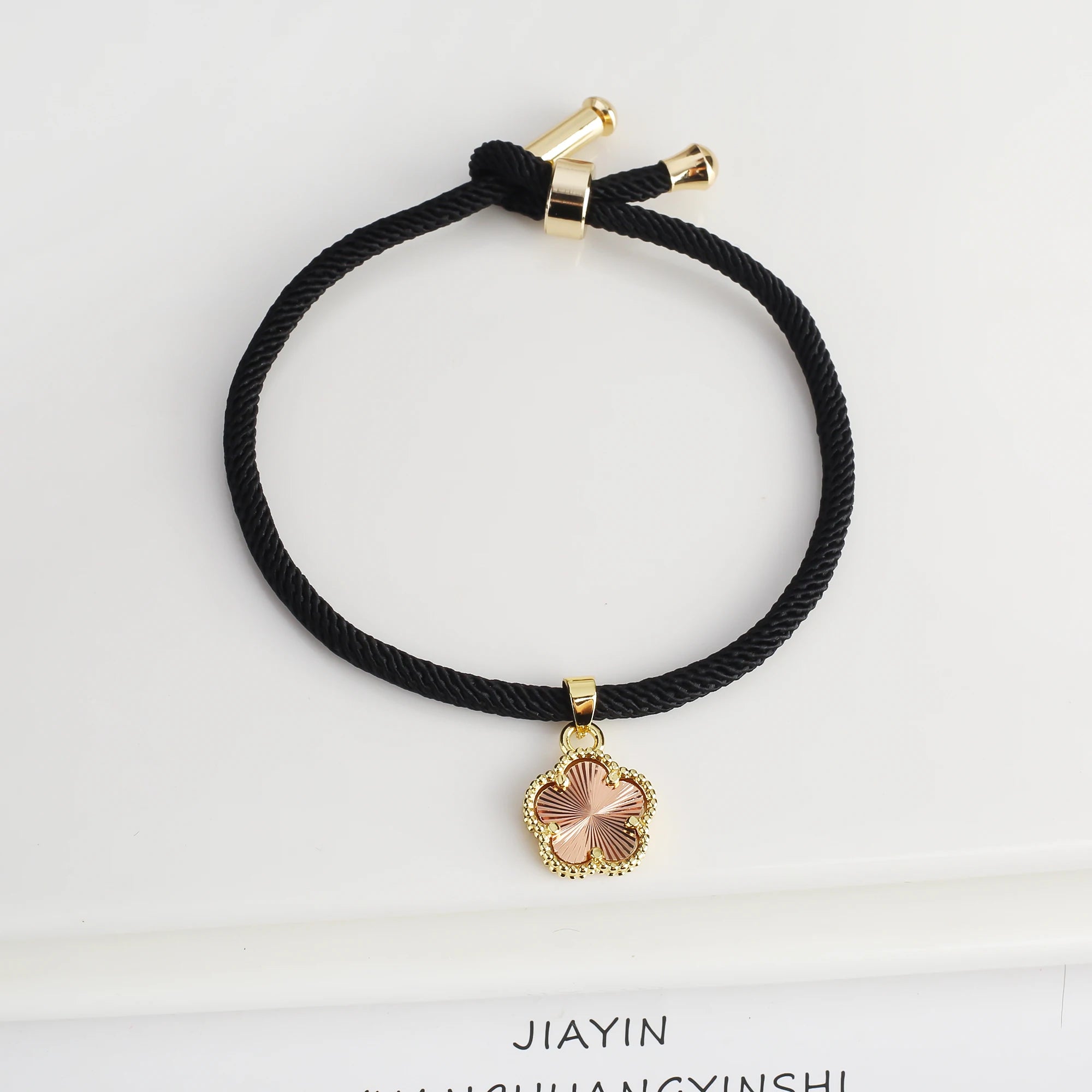 Simple Black Rope Braided Natural Stone Five Leaf Flower Bracelet Classic for Woman Girl High Quality Party Jewelry Gift Clover Qme Rose Gold