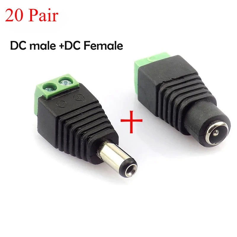20 Pair DC Male Female Jack Plug Connector 2.1x5.5 mm Power Supply Adapter BNC for CCTV Camera LED Strip Lamp Lighting Lights Qme