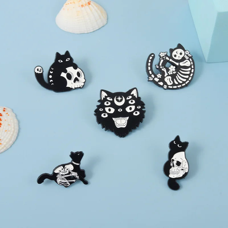 Black Cat Enamel Pin Skull Skeleton Brooch Badge Animal Gothic Flower Jewelry Kids Gift Party Lapel Clothes Backpack Wholesale Qme