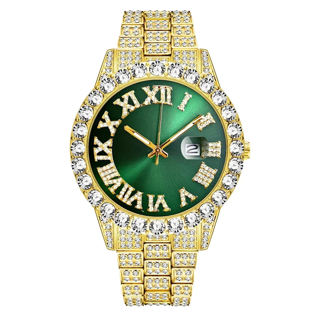 Iced Out Watch Men Luxury Brand Full Diamond Mens Watches AAA CZ Quartz Men's Watch Waterproof Hip Hop Male Clock Gift for Men Qme Gold Green