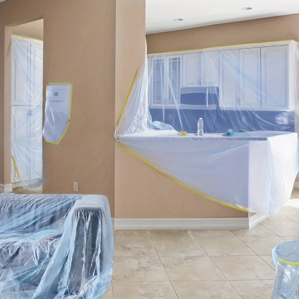 High-Performance Pre-Taped Masking Film - PE Plastic Sheeting for Automotive & Painting, No Residue, Ideal for Painters, Qme