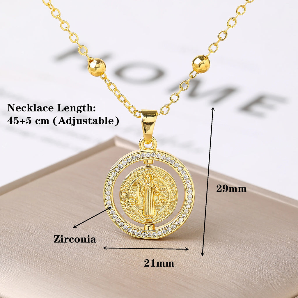 New Fashion Round Rotating St. Benedict Zirconia Pendant Necklace—Lucky for Women's Party Gold/Rose Gold Jewelry Amulet Gift Qme