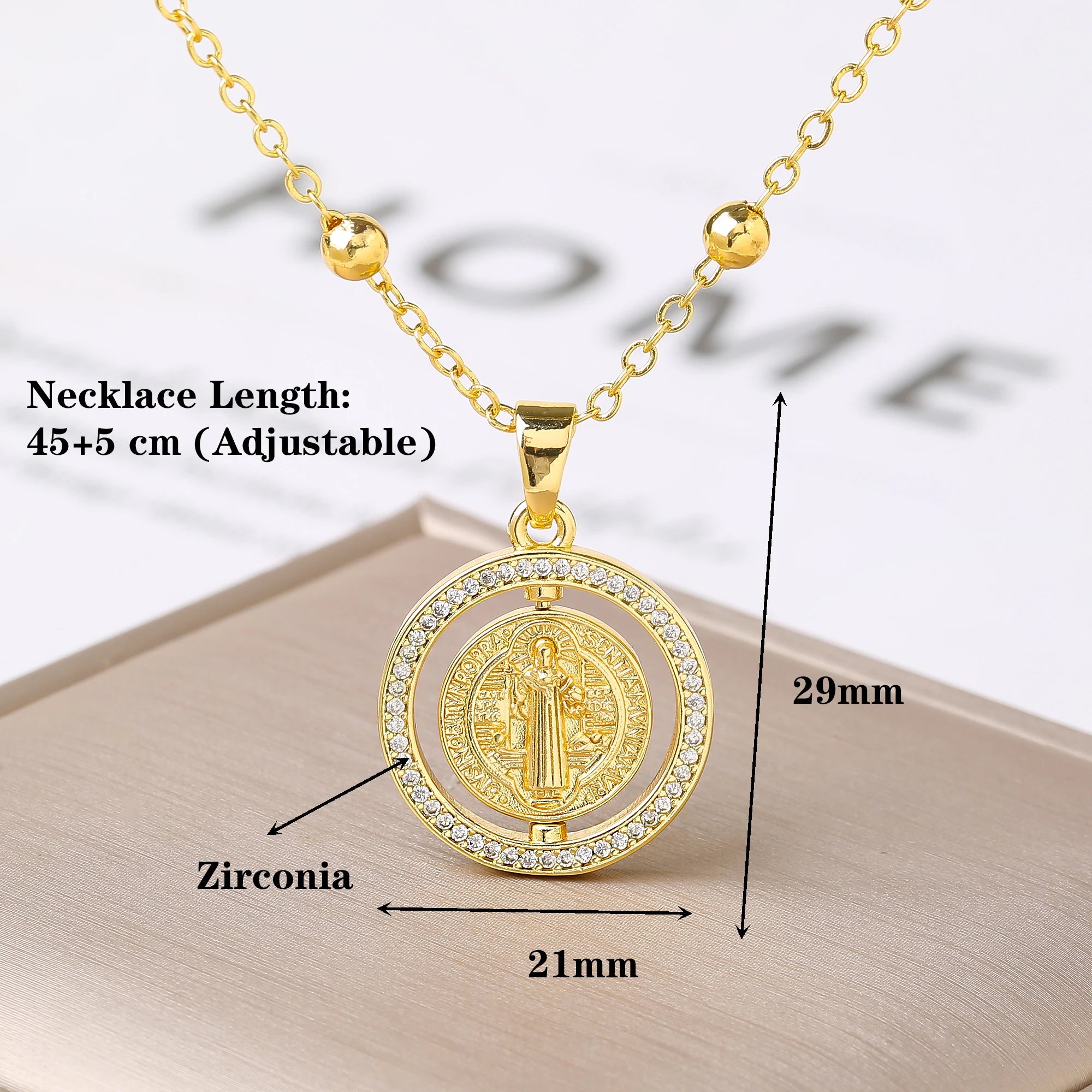 New Fashion Round Rotating St. Benedict Zirconia Pendant Necklace—Lucky for Women's Party Gold/Rose Gold Jewelry Amulet Gift Qme