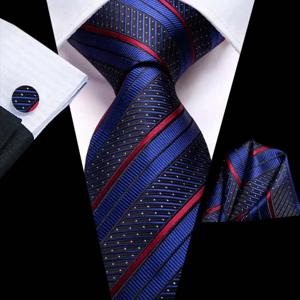 Hi-tie Striped Navy Blue Mens Fashion Necktie Handkerchief Cufflinks