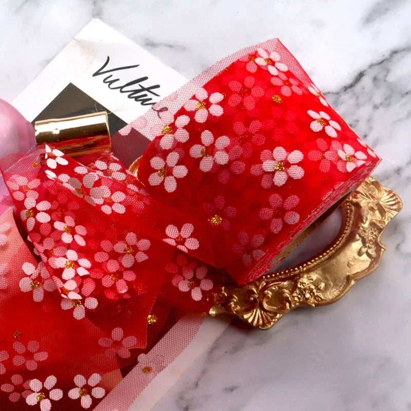 6cm 5Yards Floret Tulle Daisy Ribbon Roll DIY Craft Ribbons for Gift Bow Packaging Cherry Blossoms Printed Mesh Fabric Supplies Qme Red ribbons 5 yards (4.5m)