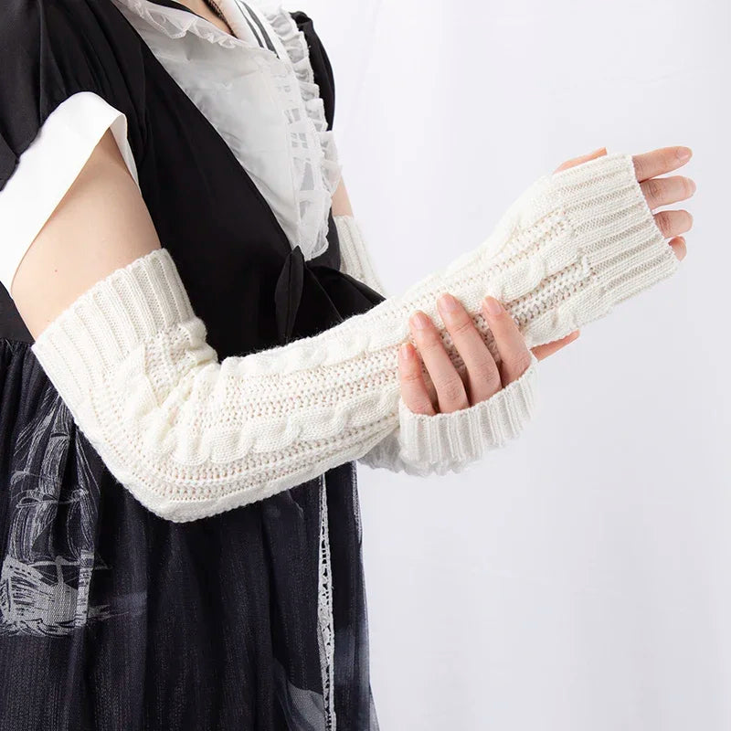 Women's Winter Mitten Knitted Arm Warmers Long Fingerless Gloves Qme