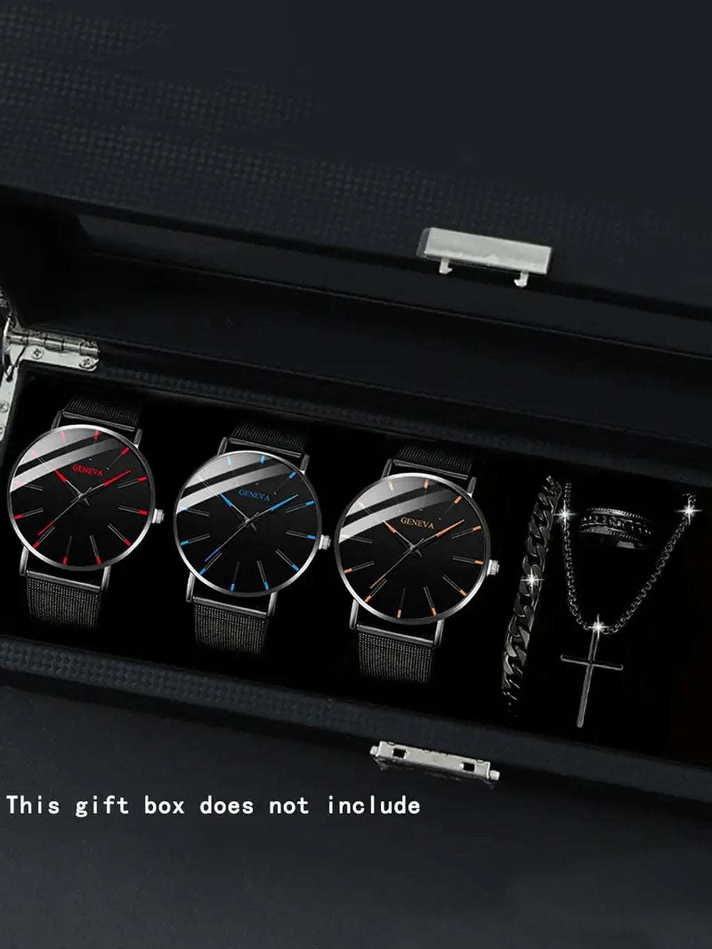 3Pcs Geneva Minimal Mesh Band Watch Set with Cross Necklace & Textured Ring for Men Qme 6pcs