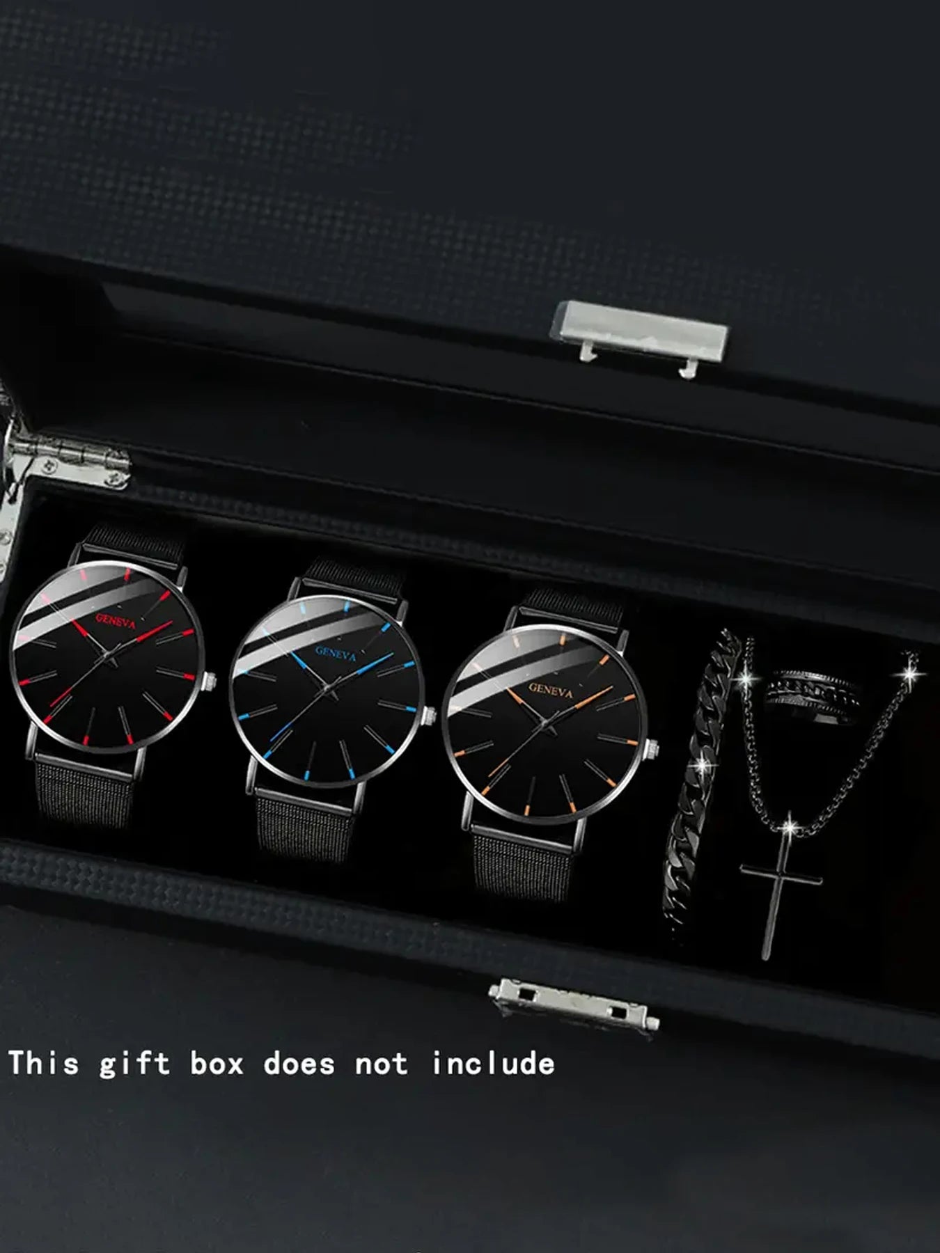 3Pcs Geneva Minimal Mesh Band Watch Set with Cross Necklace & Textured Ring for Men Qme 6pcs