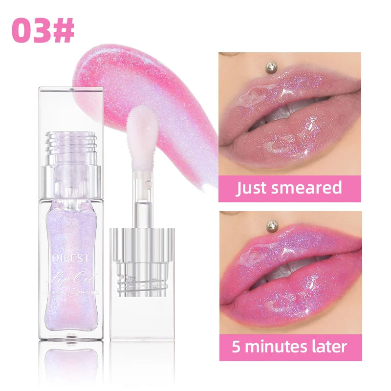 QIBEST 1pc Temperature Color Change Lip Oil Lipgloss Moisturizing Lasting Pink Clear Lip Glaze Pearlescent Lipgloss Makeup New Qme 03