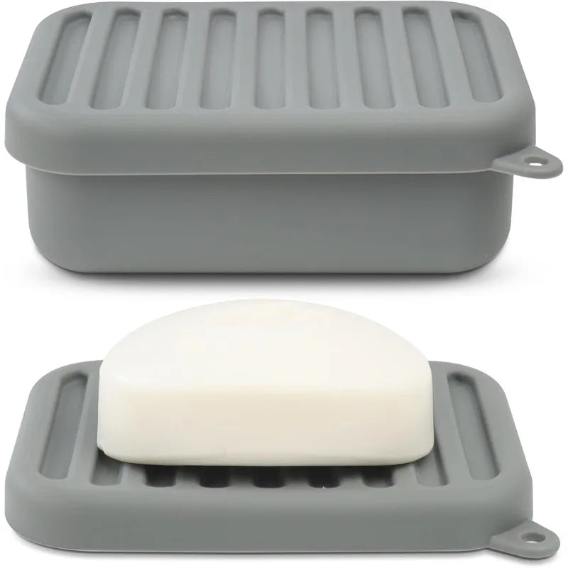 Portable Silicone Travel Soap Case Leak Proof Drainage Lid Layer Qme Gray 1PC