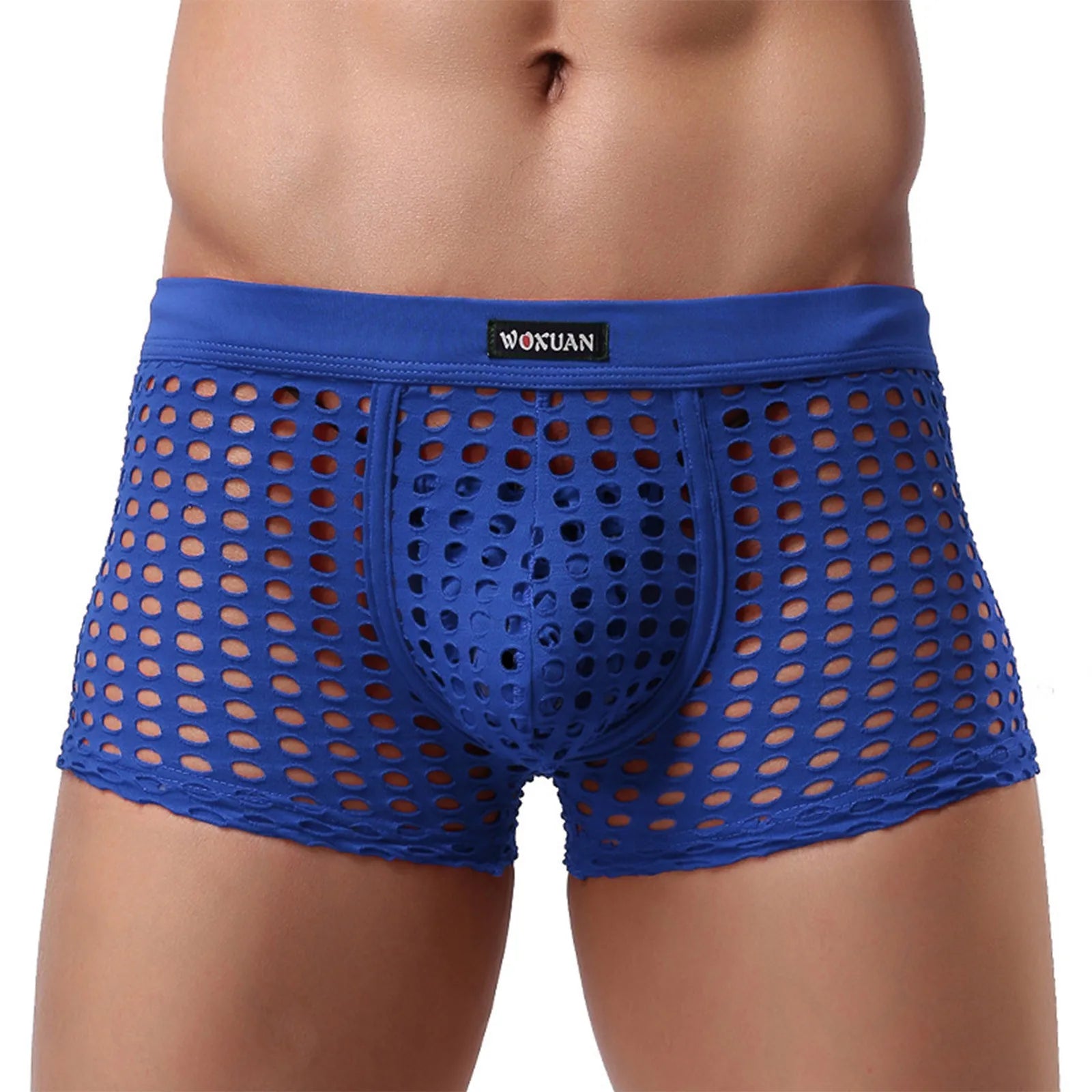 See-through Sexy Mens Mesh Hollowed Out Shorts Underwear Breathable Loose Comfortable Erotic Thongs Qme Dark Blue XXXL