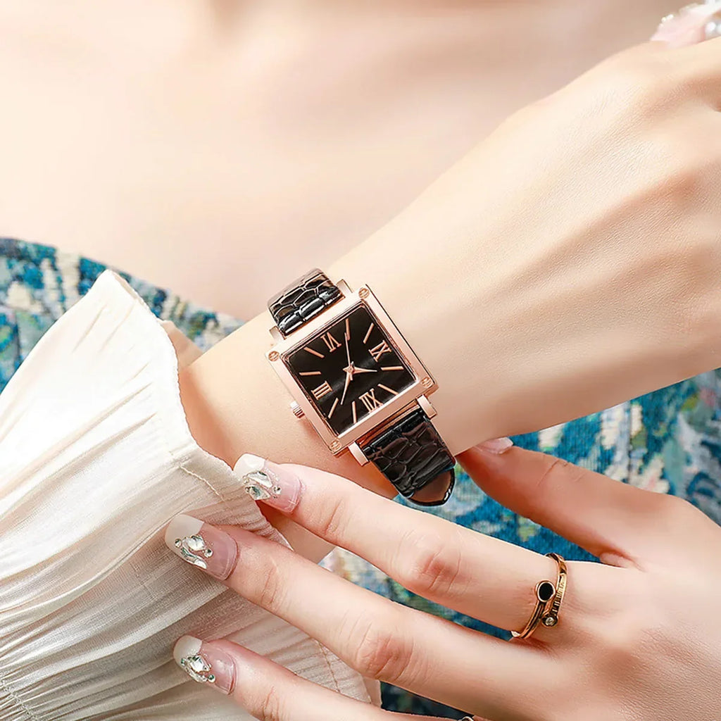 1pc-Fashionable and Minimalist Women's Square Belt Quartz Watch, Retro High-end Roman Watch Qme
