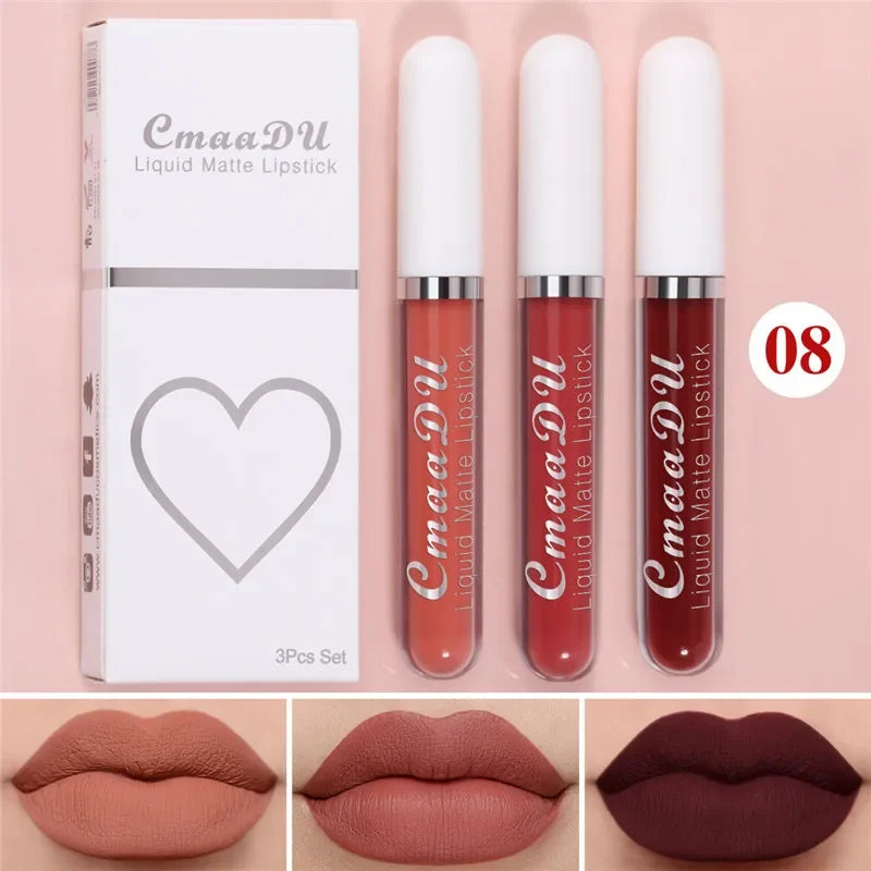 6 Colors/Set Fashion Matte Lip Gloss Sets Natural Moisturize Waterproof Lasting Velvet Sexy Red Liquid Lipstick Beauty Cosmetic Qme 08-3Pcs