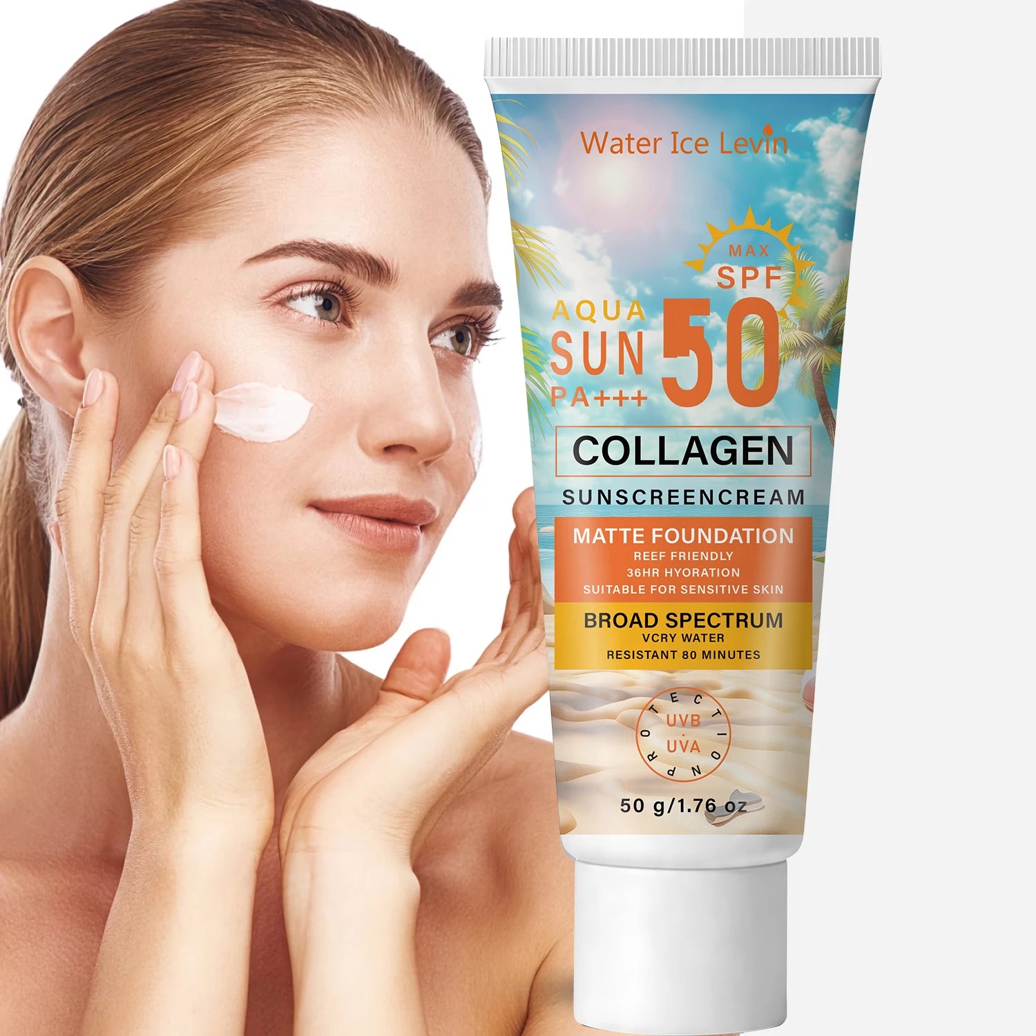 SPF50 PA+++ Sunscreen, 36HR Hydrating & Water Resistant Collagen Sun Care Qme