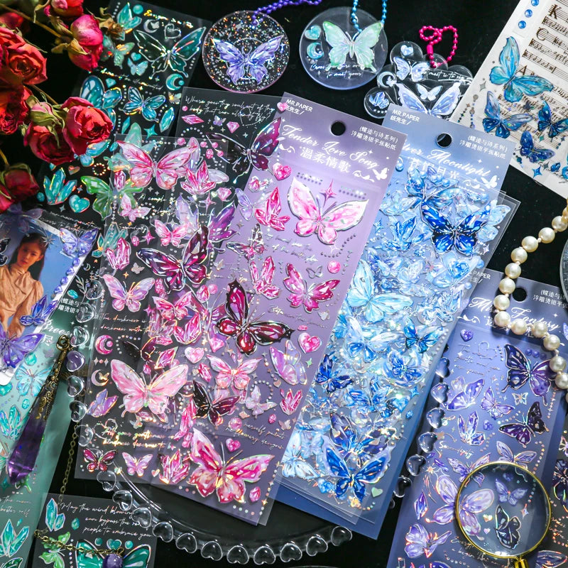 3 pcs laser Butterfly PET Stickers Decorative Diy Scrapbooking Collage material Planner Stationery Craft Supplies Qme