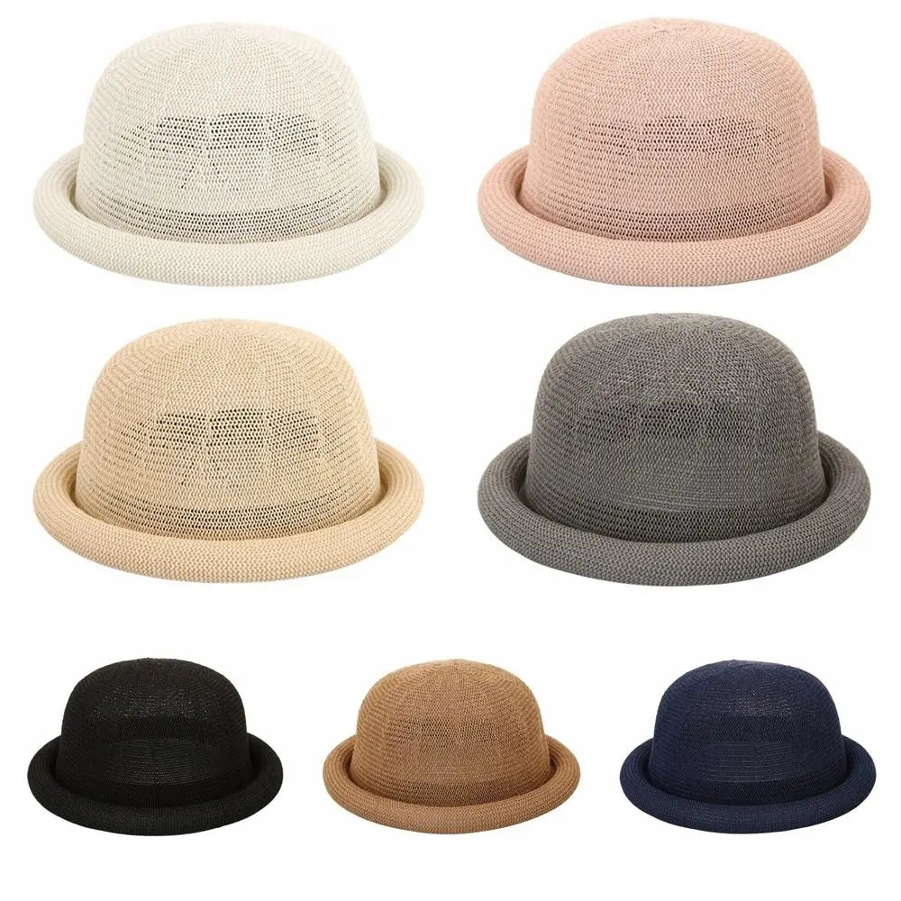 Casual Solid Bucket Hat Cotton Linen Rolled-brimmed Fedora Breathable Qme