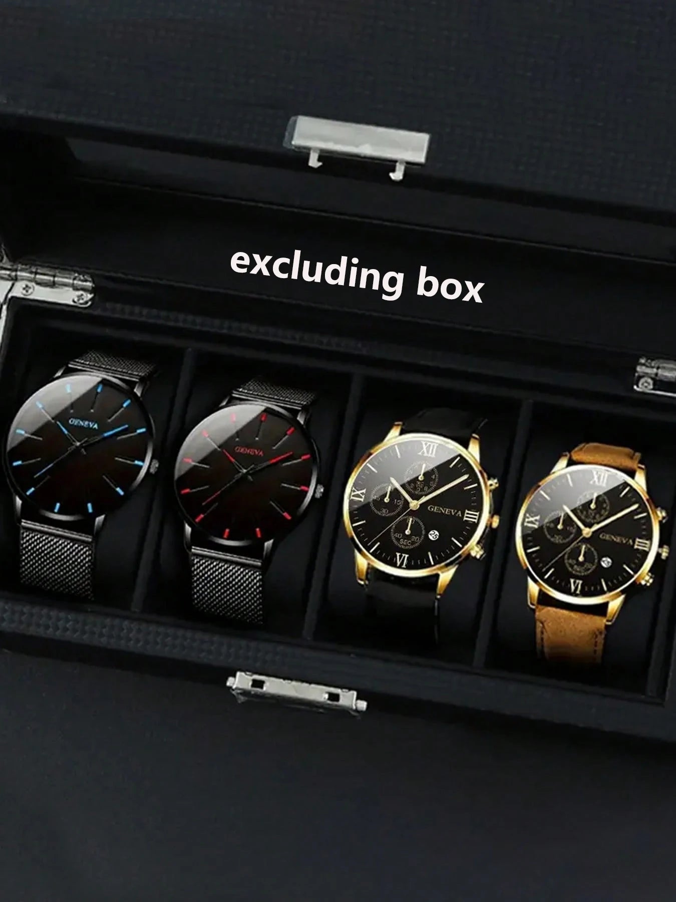 4pcs Business Casual Quartz Analog Single Calendar Leather Trendy Fashion Watch Black Premium Men's Quartz Watch Qme 4pcs 3