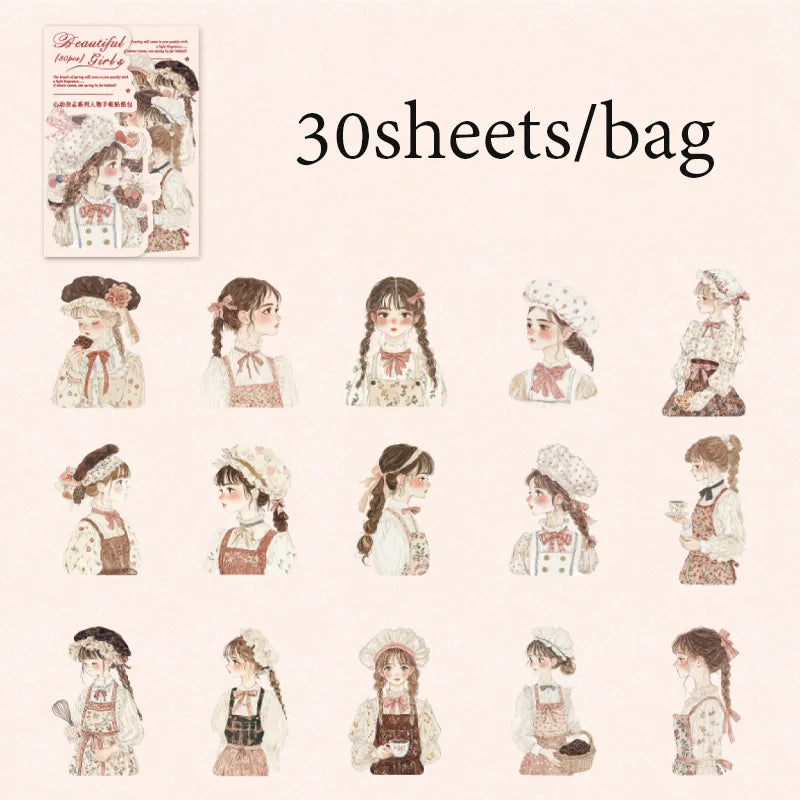 30 Sheets/Bag Korean Cute Girl PET Stickers Pack for Scrapbook Journal DIY Planner Phone Case Notebook Decoration Craft Gift Qme 4