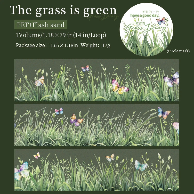 2m/Roll Cute Green Grass Flowers PET Tape Paper Decorative Journaling Adhesive Masking Tape Scrapbooking Craft Diary Stationery Qme F
