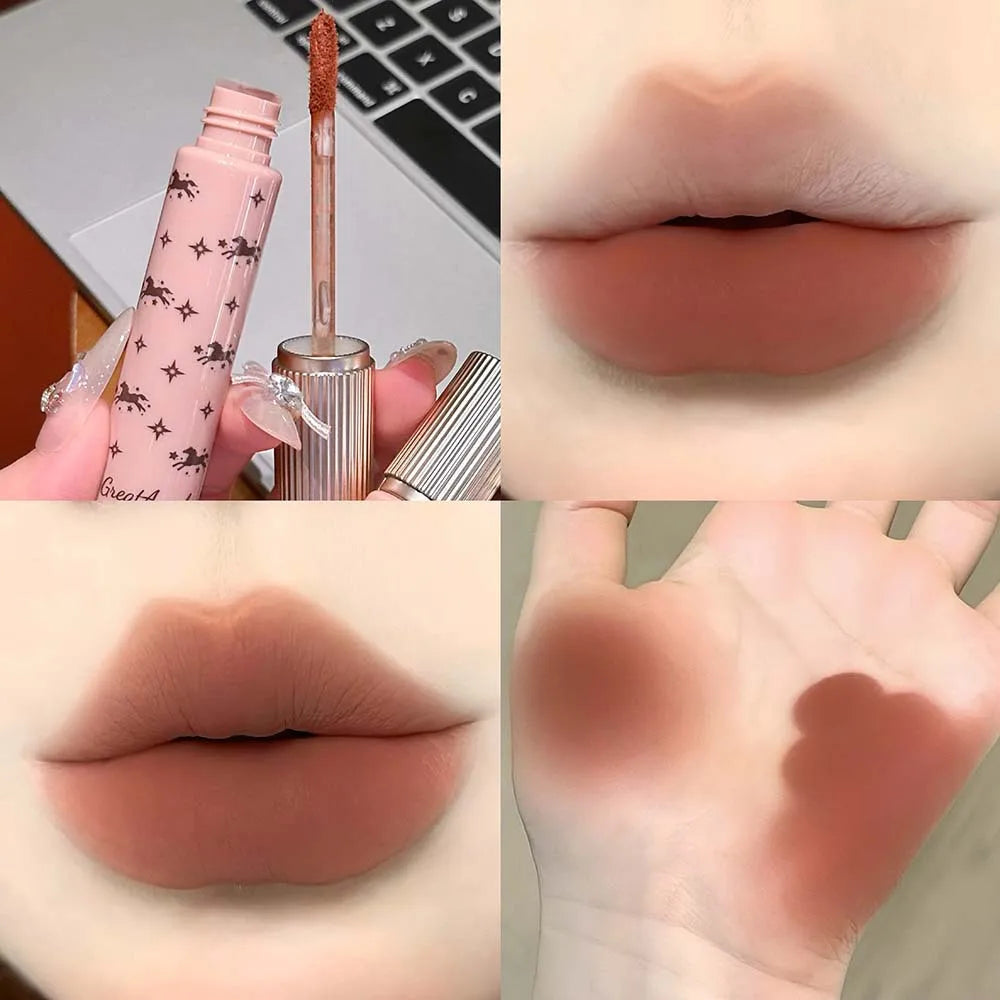 Shiny Matte Lipstick Moisturizing Lasting Pink Purple Sparkling Waterproof Nude Rose Lip Mud Glitter Makeup Cute Horse Pattern Qme 06