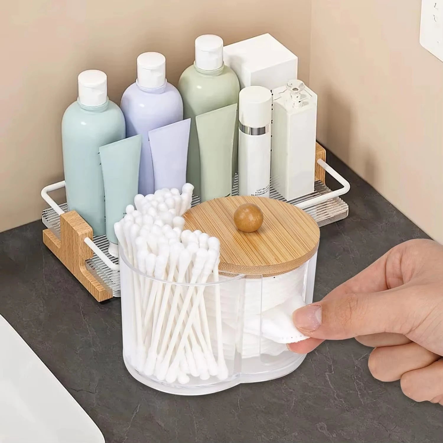 Holder with Dual Compartments - Clear Cotton Swab and Cotton Balls Organizer - Transparent Bathroom Storage Container for Makeup Qme