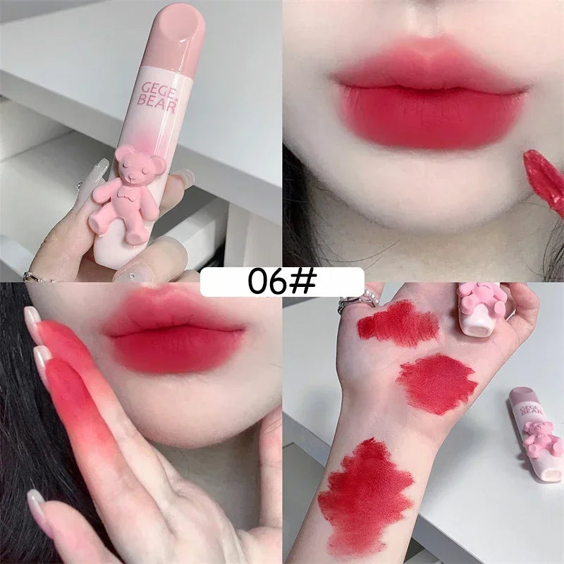 Cute Bear Lip Gloss Waterproof Long Lasting Non Fading Matte Lip Glaze Moisturing Non-marking Red Brown Velvet Liquid Lipsticks Qme 06