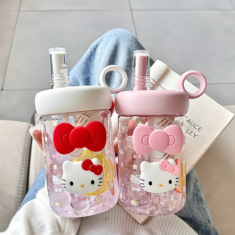 Hello Kitty Summer Girls' Plastic Cup Cute, Stylish Straw Cup Large-Capacity, Food-Grade, Portable Student Sports Water Bottle Qme