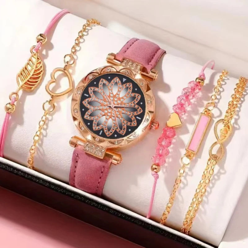 5Pcs Women Pink Suede Strap Watch Set, Floral Bezel Snowflake Dial Quartz Watch + Leaf Heart Pink Crystal Stack Bracelets Qme Red