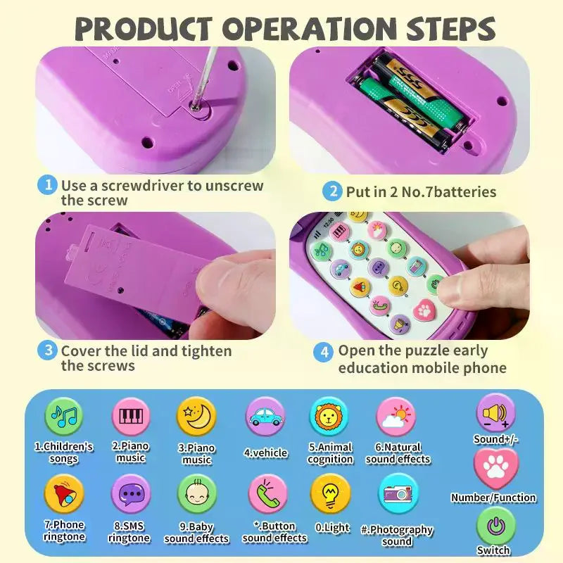 Animated Flip Phone Kids Early Learning Toy Educational Music Qme