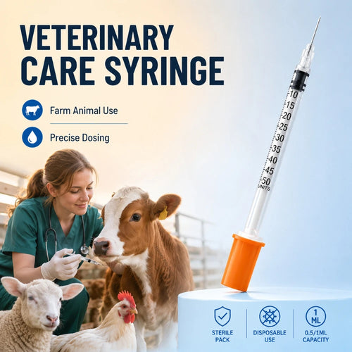 0.5/1ml Plastic Sterile Syringe Orange Cap Needle Design Disposable Veterinary Tool for Pet Care Livestock Breeding Work Qme