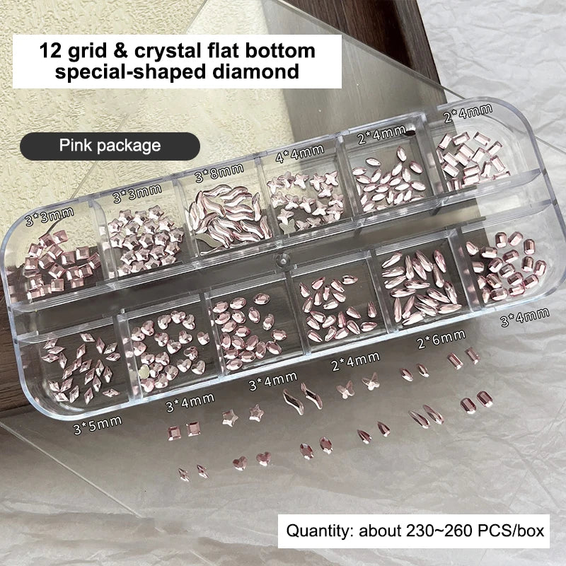 12 Grids Mixed Shape Colorful Rhinestones Nail Art Decoration Multi Size Flat Back Rhinestone Nail Gel Diy Nail Accessories Qme Pink