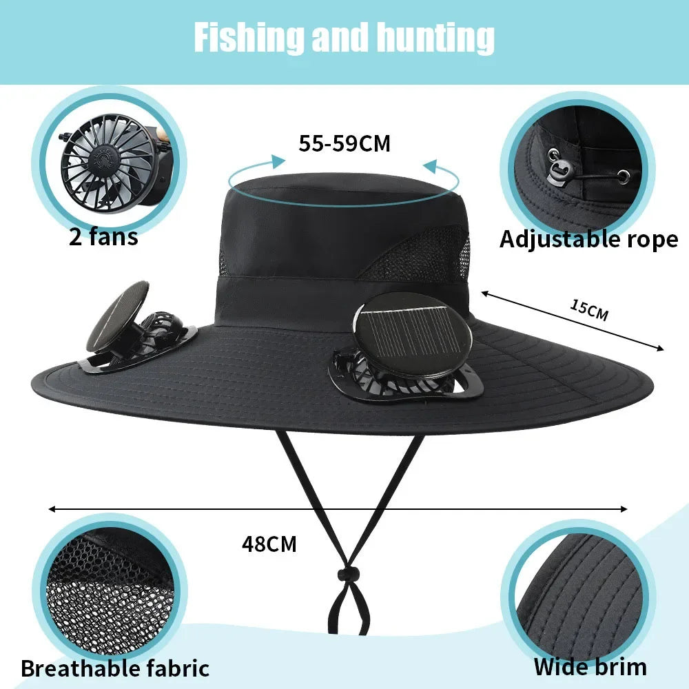 Summer USB Solar Energy 2 Fan Sun Hat Men Women Breathable Fishing CapSun Protection Mesh Fisherman Hat Hiking Outdoor Beach Cap Qme
