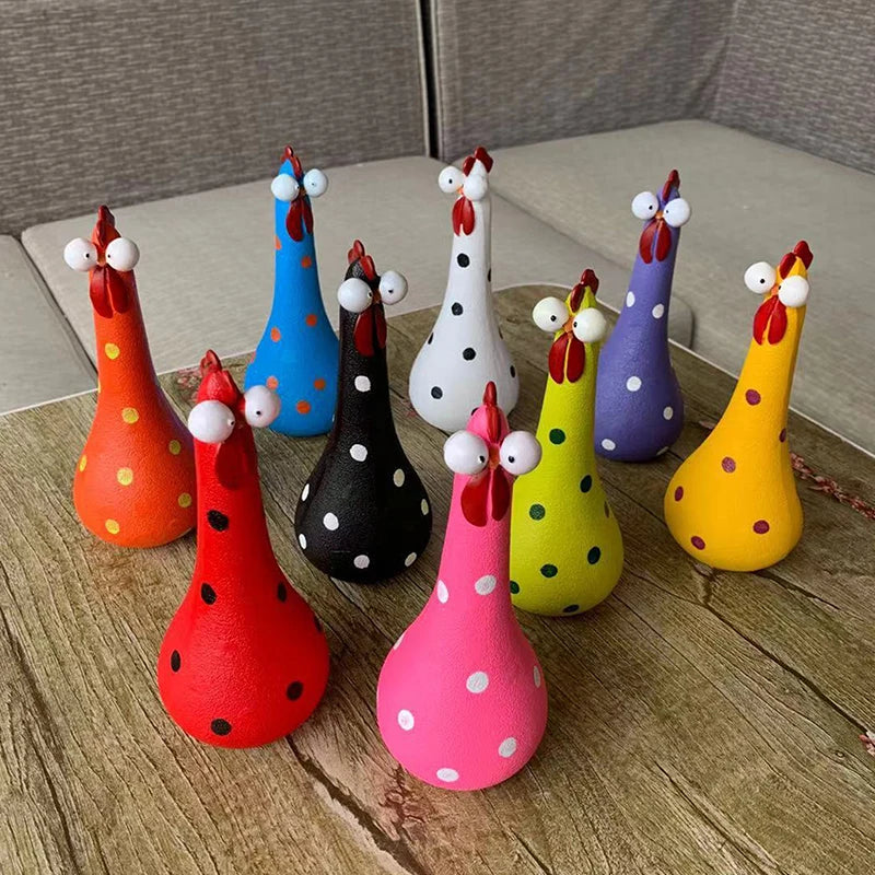 Quirky Big-eyed Chicken Figurine Colorful Polka Dot Resin Statue Long Qme