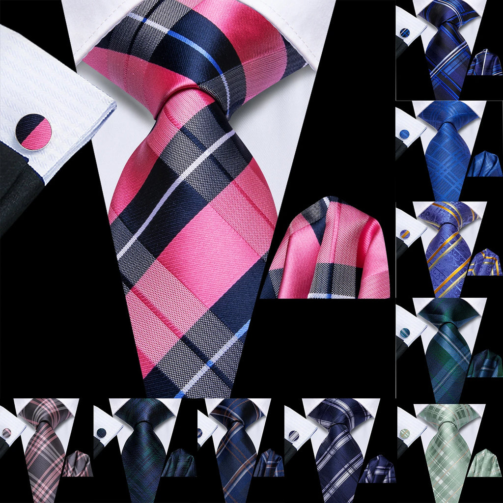 Hi-tie Men Pink Green Necktie Handkerchief Cufflinks Tuxedo Accessory Qme