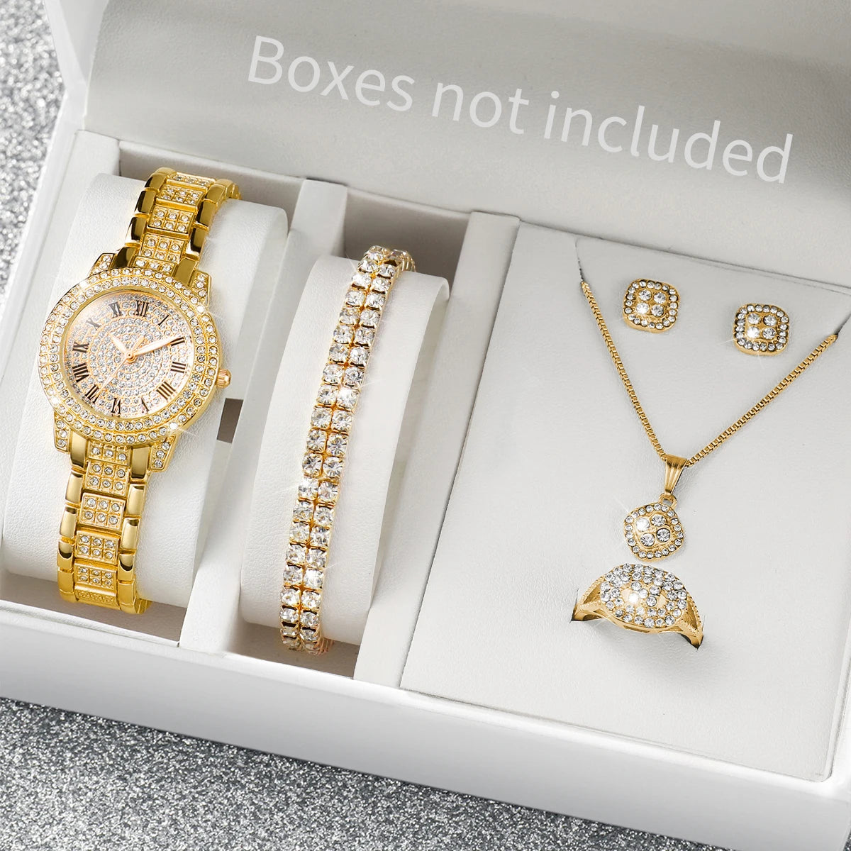 Full diamond silver shell Roman dial women's steel strap watch square rhinestone jewelry five piece set, not including gift box Qme Bronze