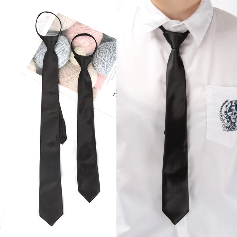 Unisex Black Simple Clip Tie Women Zipper Ties Retro Silky Narrow Men Qme