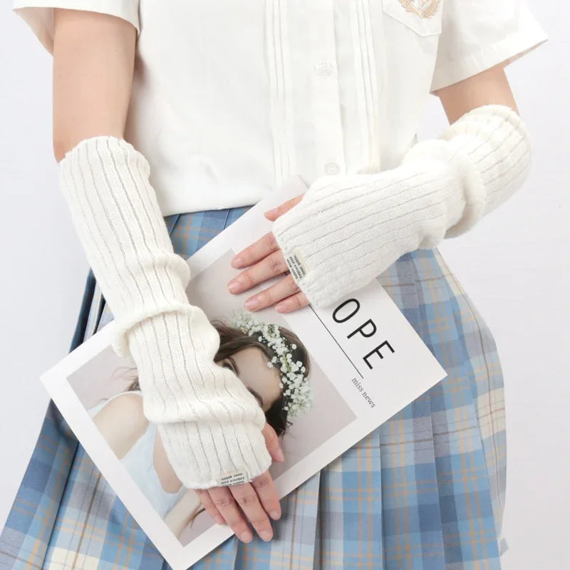 Women Y2K Fashion Fingerless Mittens White Black Cosplay Anime Gloves Qme