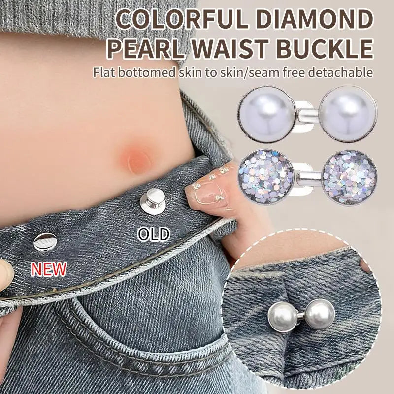 Fashion Shiny Rhinestones Pearl Adjustable Waist Buckle Jean Buttons Reusable No Hole Waist Cincher Clip For Clothing Dresses Qme