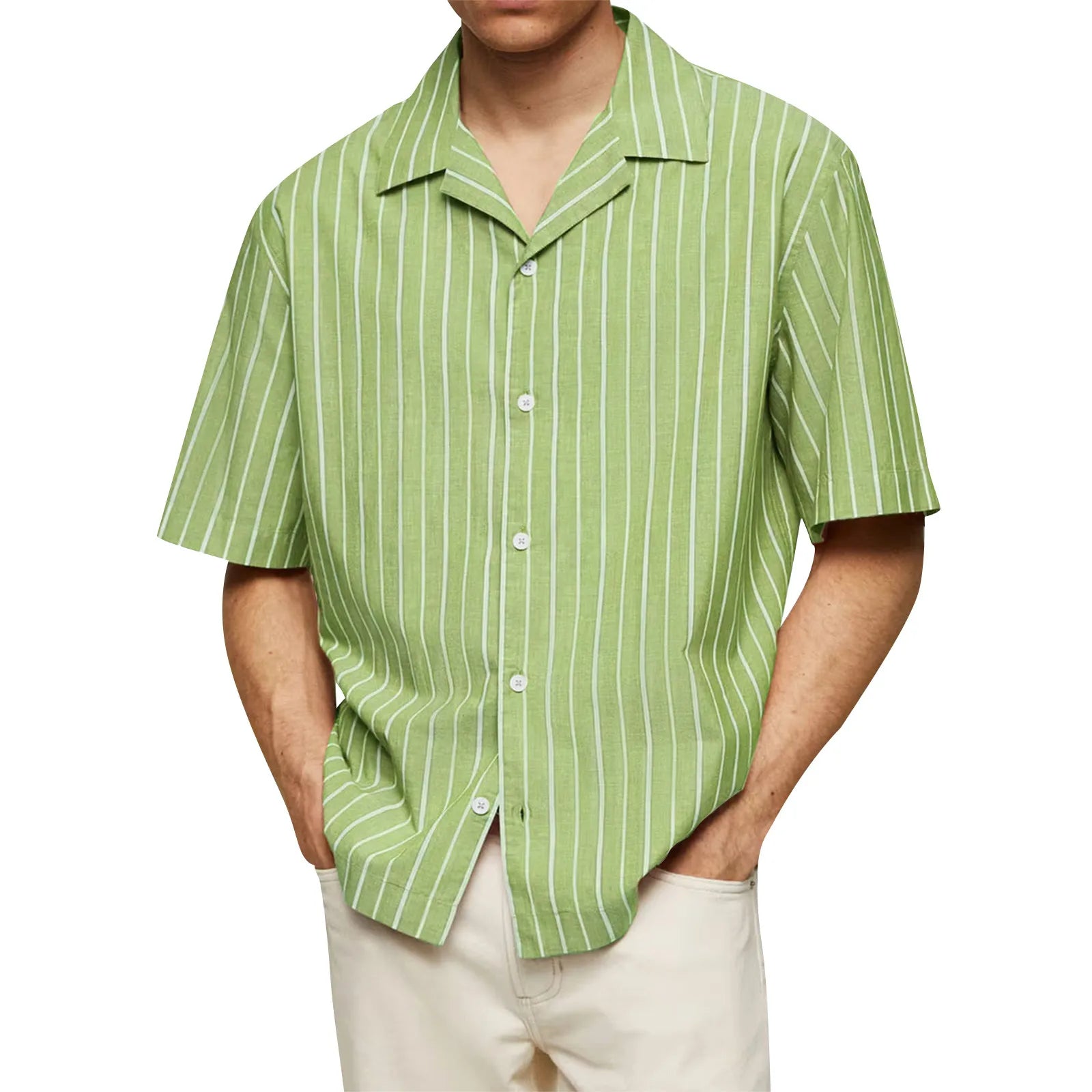 Male Fashionable Stripped Patchwork Retro Business And Daily Half Sleeved Summer Cardigan With Buttons Basics And Versatile Qme Green M