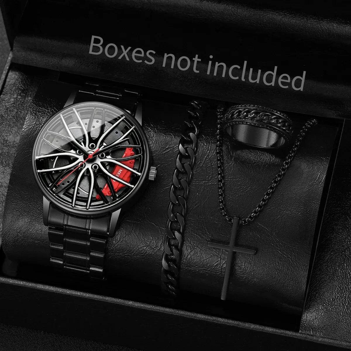 4PCS/Set Fashion 3D Car Wheel Dial Men Sports Watch Luxury Steel Band Quartz Wristwatches Jewelry Set Reloj Hombre（Without Box） Qme Red Without Box