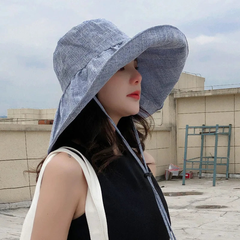 Summer Wide Brim Sun Hat Women's Foldable Travel Packable Bucket Hat Japanese UV Sunscreen Cotton Linen Beach Hat Fisherman Hat Qme