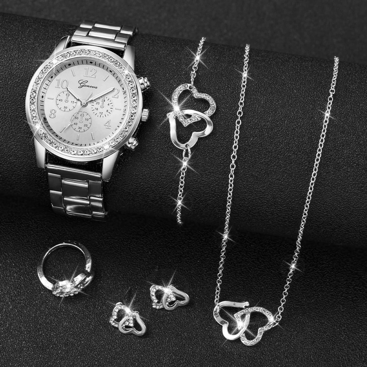 6PCS/Women's Watch Fashion Diamond Steel Strap Quartz Watch Double Heart Jewelry Set (No Box) Qme