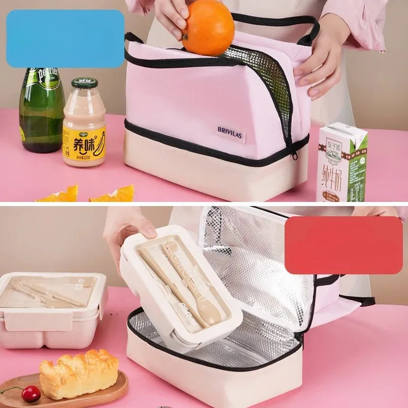 Hello Kitty Block Print Double Layer Insulated Lunch Bag Portable Qme