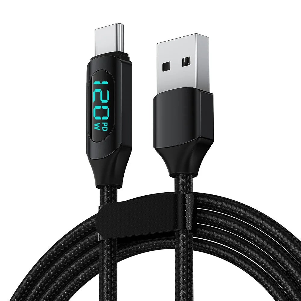 PD 120W Fast Charging Data Cable LED Digital Display USB C Nylon Braided Mobile Phone Charger Cord For iPhone 17 Samsung Xiaomi Qme USB A to C Black 1m