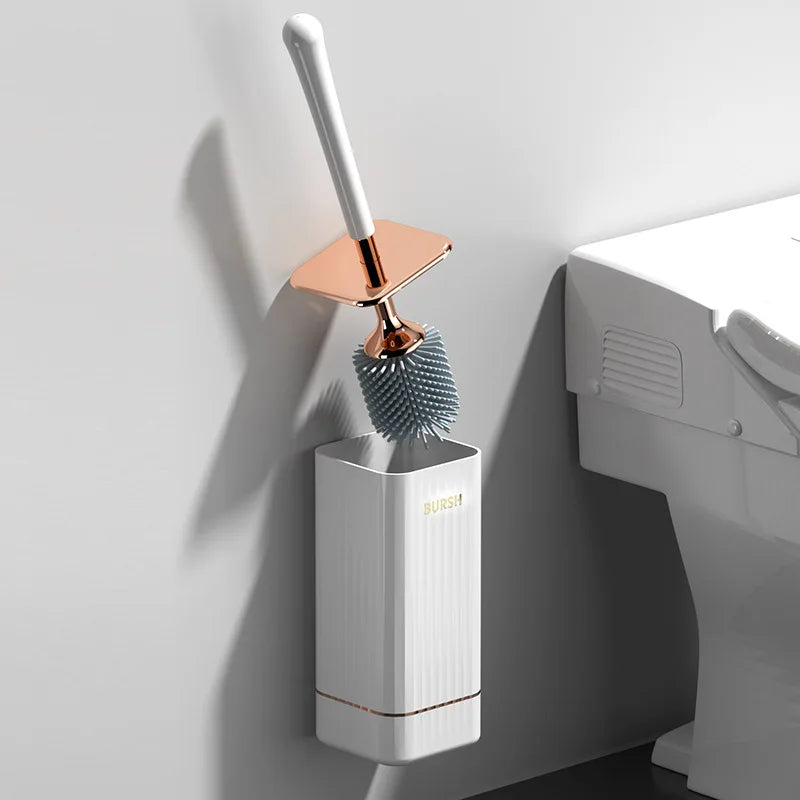 Long Handle Silicone Toilet Brush Flexible Soft Bristles Leak Proof Design No Dead Corner Wall Mounted Bathroom WC Cleaner Set Qme Silicone Brush White